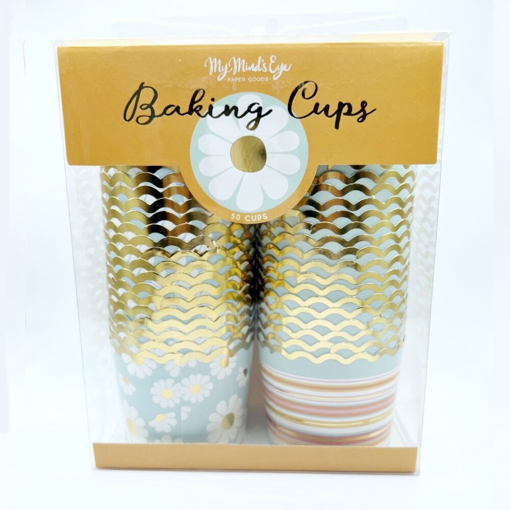 NEW My Minds Eye Gold Foiled Daisies and Stripes Baking Cups - 50 Count